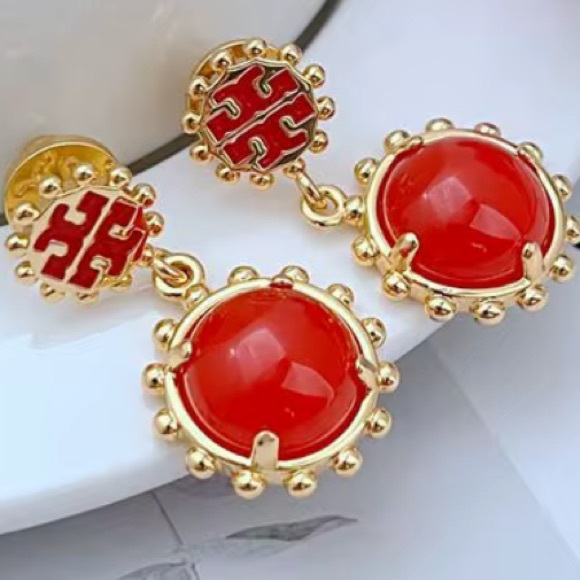 TORY BURCH WINSLOW RED + GOLD DROP EARRINGS - Picture 6 of 8
